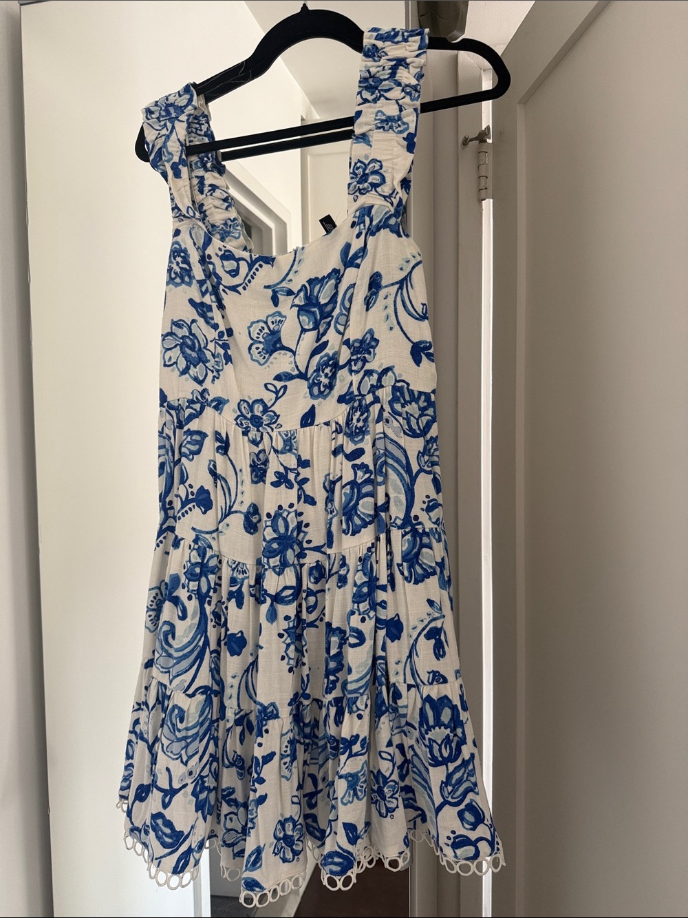Aqua White Dress with Blue Floral Print - Tiered Mini Sundress